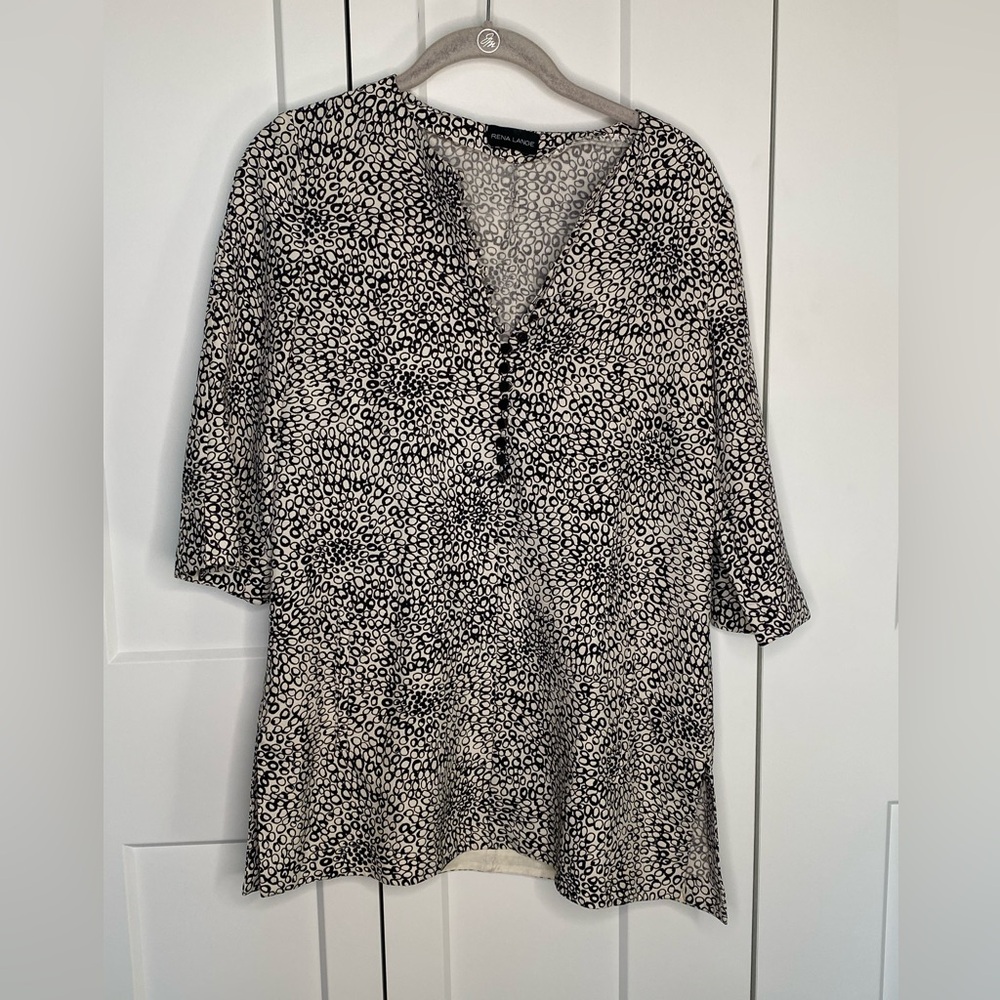 Rena Lange 100% Silk Black Ivory V Neck Tunic Blouse Women’s Size 6